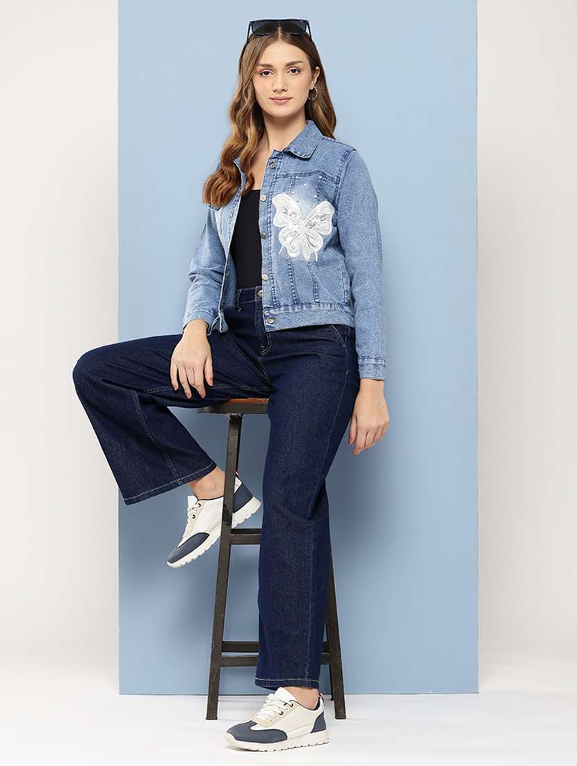 women solid with work long sleeve denim jacket - 22224925 -  Standard Image - 3
