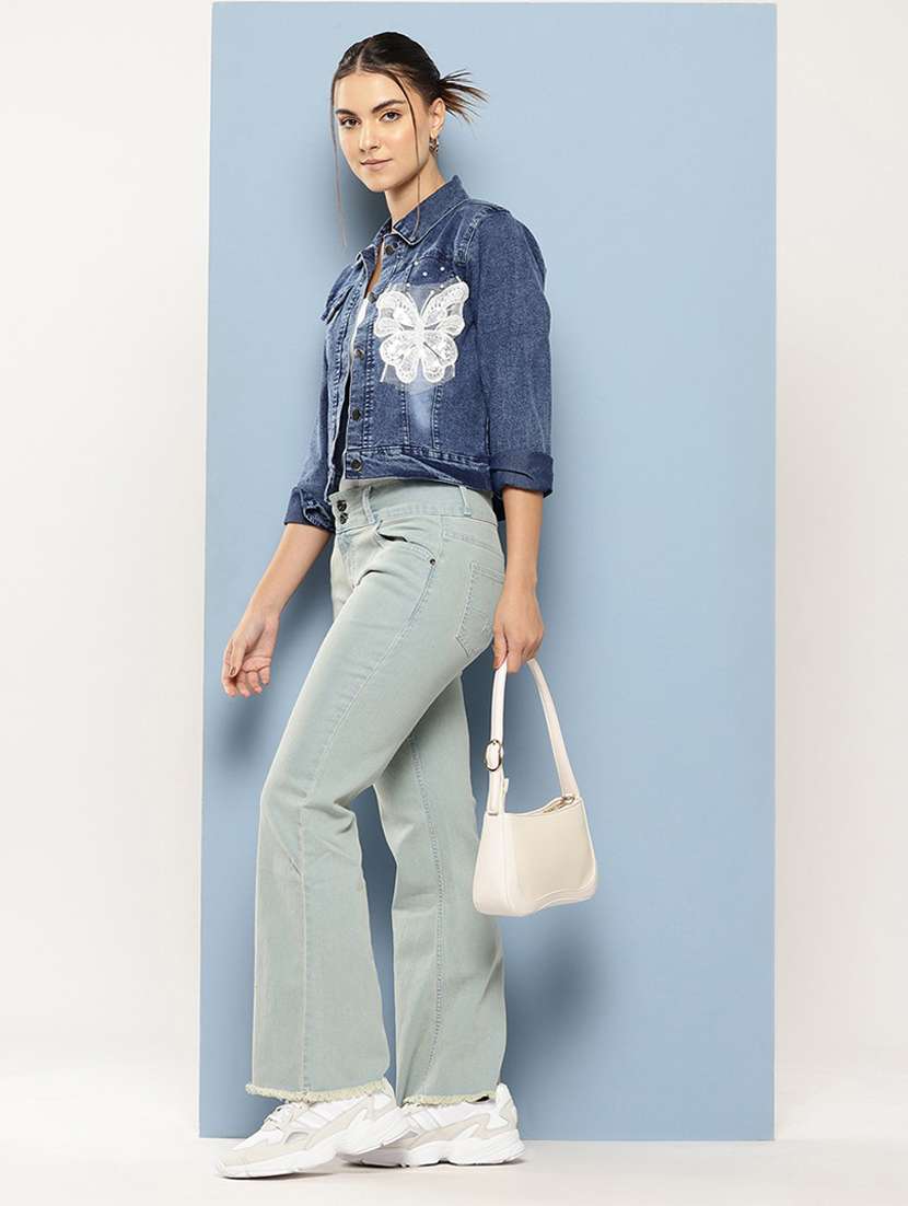 women solid with work long sleeve denim jacket - 22224926 -  Standard Image - 3