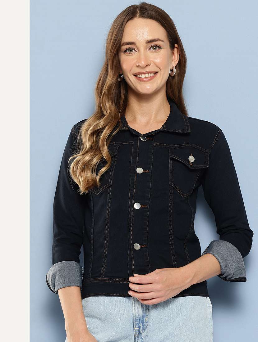women solid long sleeve denim jacket