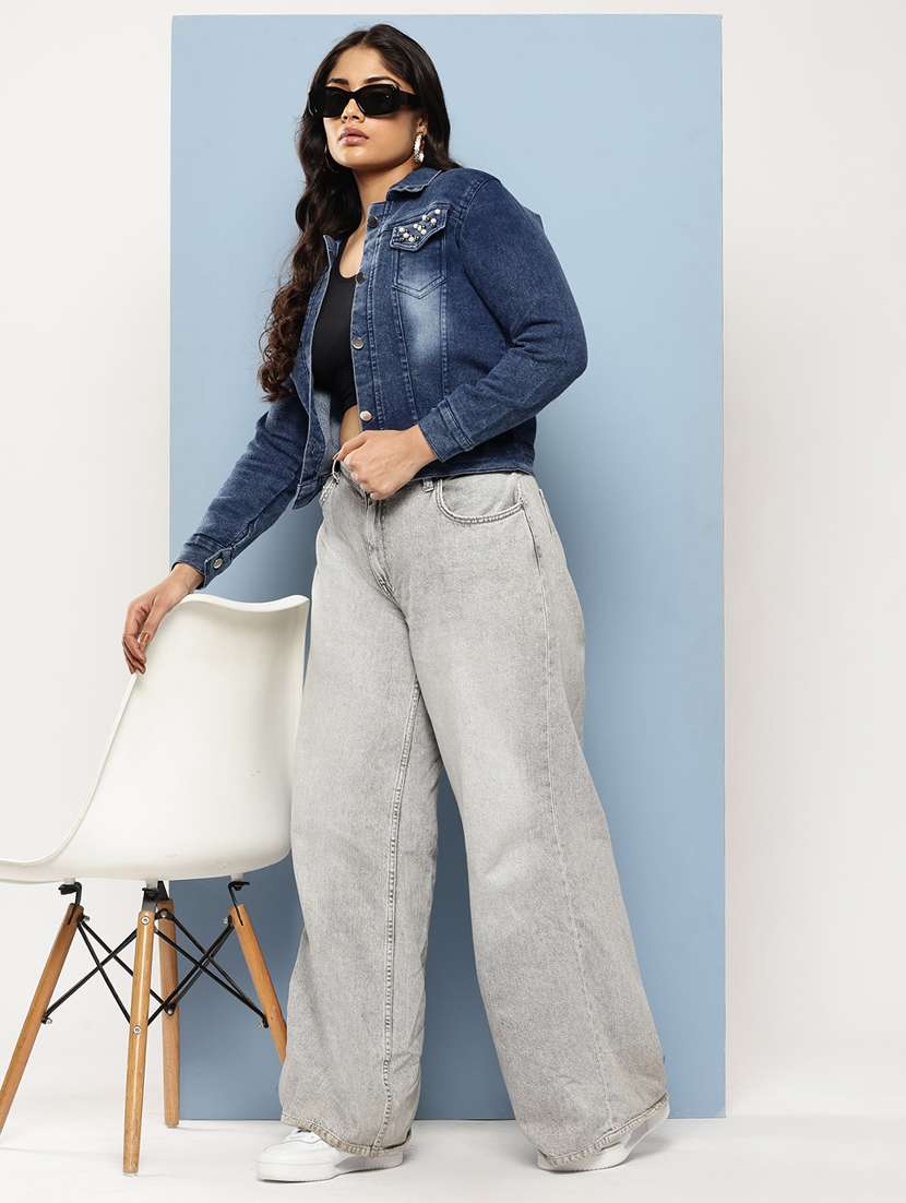 women solid with work long sleeve denim jacket - 22224945 -  Standard Image - 3