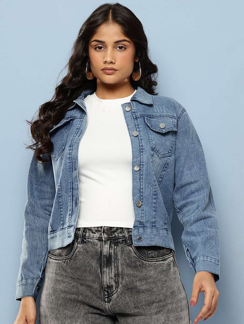 women solid long sleeve denim jacket