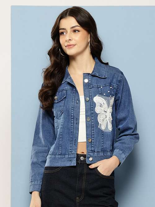 women solid with work long sleeve denim jacket - 22224949 -  Standard Image - 0