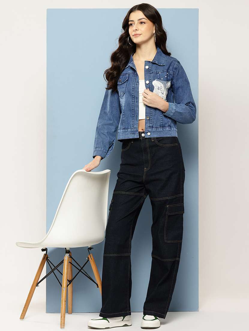 women solid with work long sleeve denim jacket - 22224949 -  Standard Image - 3