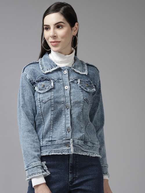 women solid with work long sleeve denim jacket - 22224952 -  Standard Image - 0