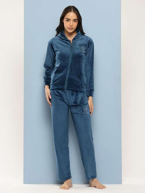 women solid long sleeve hooded velvet co-ord set - 22224954 -  Standard Image - 0