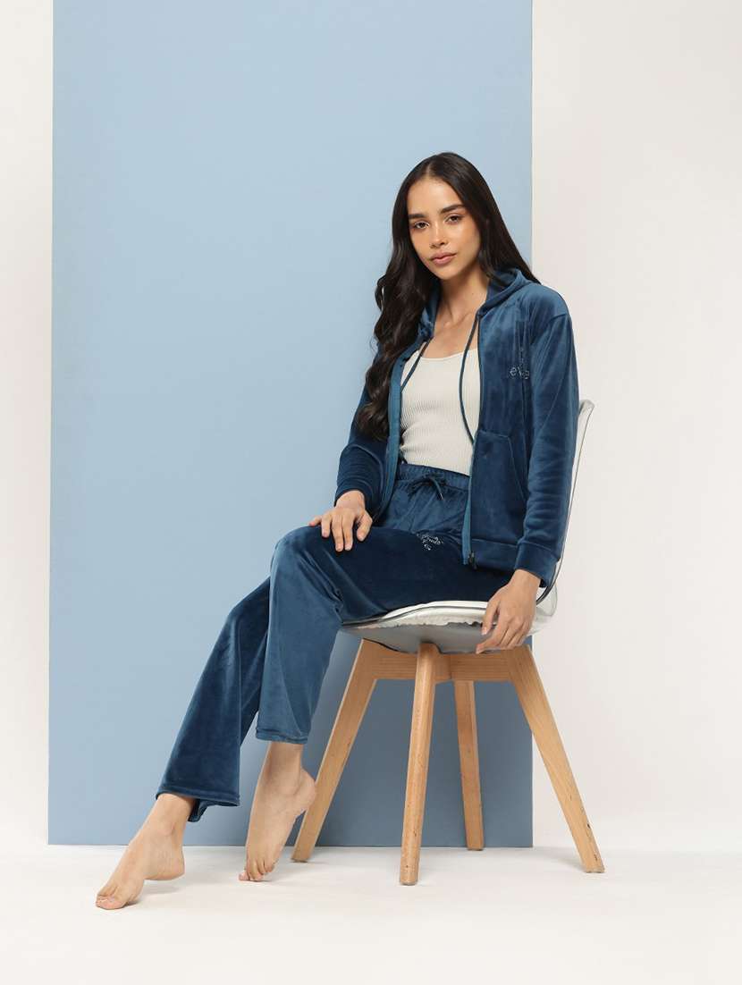 women solid long sleeve hooded velvet co-ord set - 22224954 -  Standard Image - 3