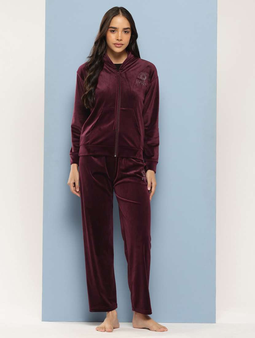 women solid long sleeve hooded velvet co-ord set - 22224955 -  Standard Image - 3