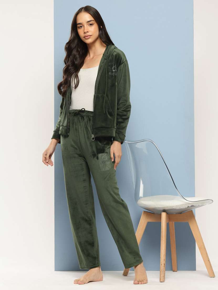 women solid long sleeve hooded velvet co-ord set - 22224956 -  Zoom Image - 0