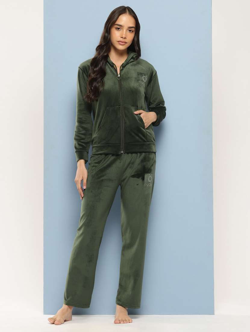 women solid long sleeve hooded velvet co-ord set - 22224956 -  Standard Image - 3