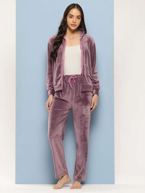 women solid long sleeve hooded velvet co-ord set - 22224957 -  Standard Image - 0
