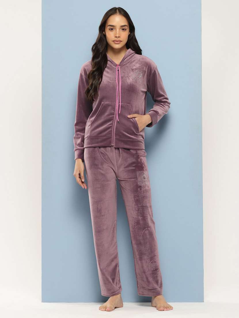women solid long sleeve hooded velvet co-ord set - 22224957 -  Standard Image - 3
