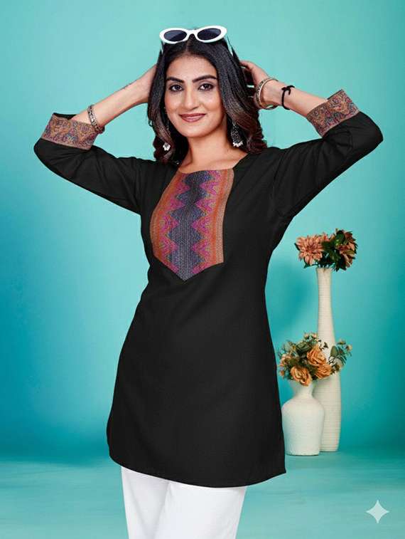 women embroidered three quarter sleeve straight kurti