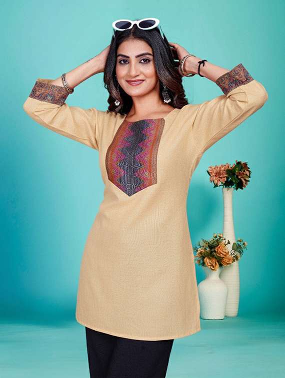 women embroidered three quarter sleeve straight kurti