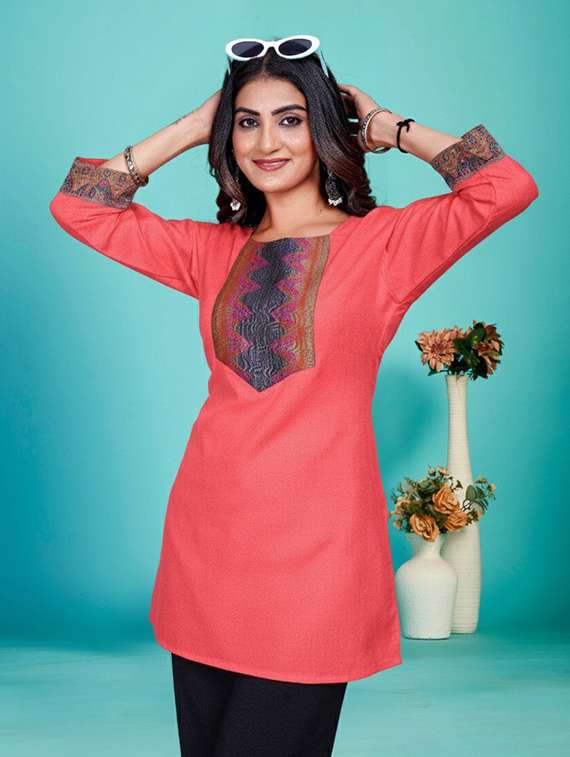 women embroidered three quarter sleeve straight kurti