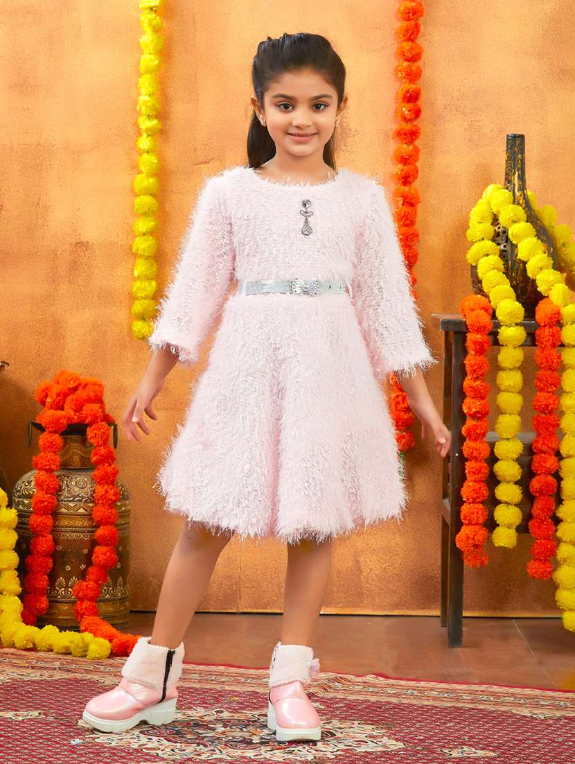 girls solid round neck fit & flare dress