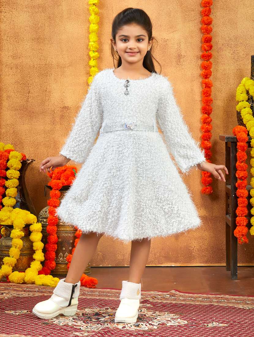 girls solid round neck fit & flare dress