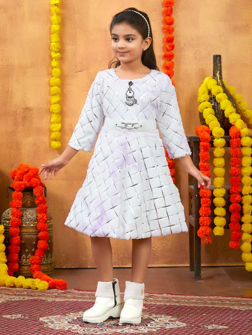 girls foil print round neck fit & flare dress