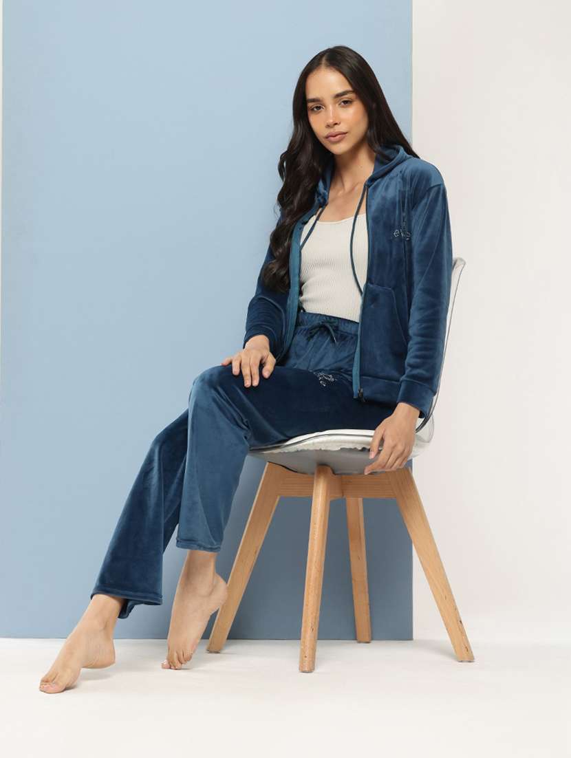 women solid long sleeve hooded velvet co-ord set - 22225143 -  Standard Image - 3