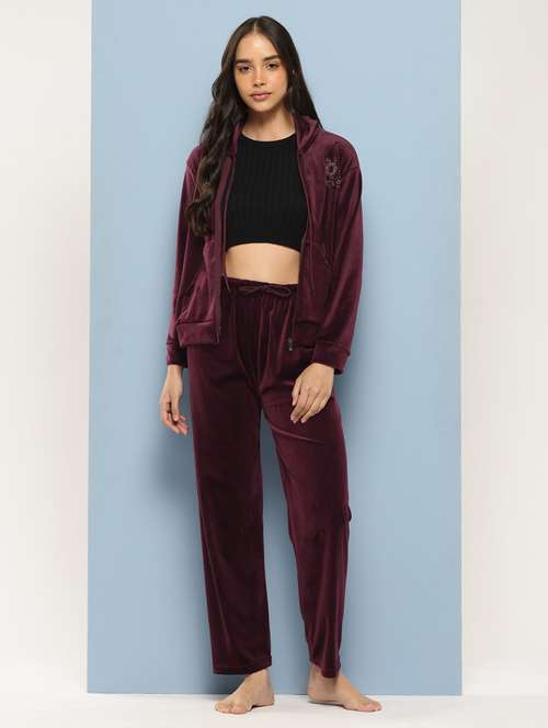 women solid long sleeve hooded velvet co-ord set - 22225144 -  Standard Image - 0