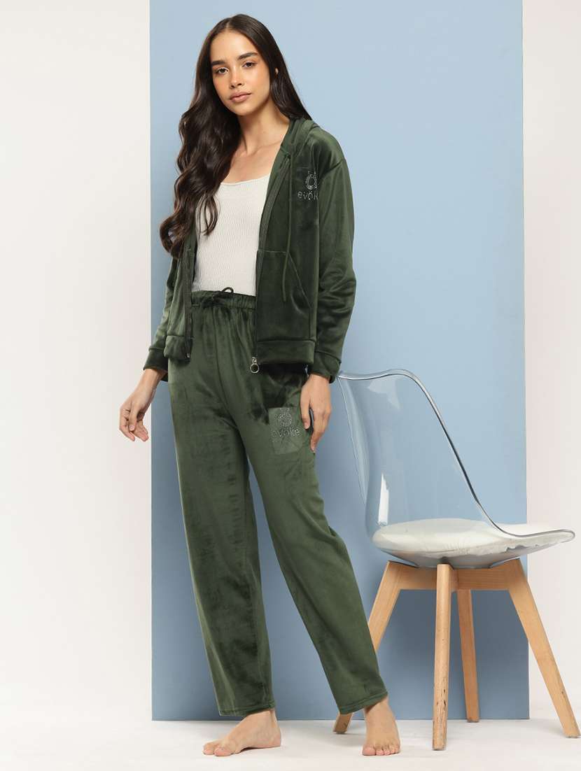 women solid long sleeve hooded velvet co-ord set - 22225145 -  Zoom Image - 0