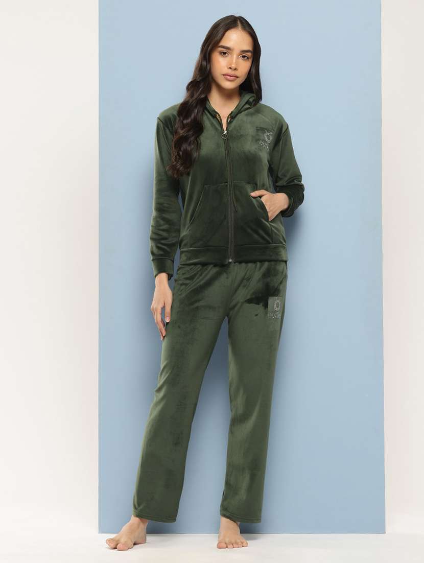 women solid long sleeve hooded velvet co-ord set - 22225145 -  Standard Image - 3