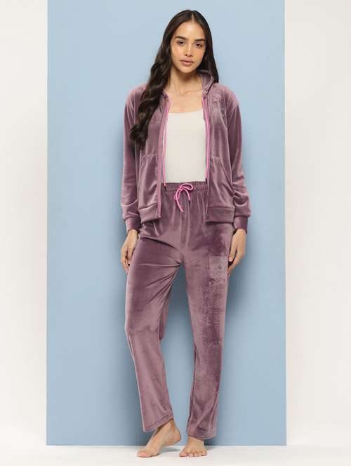 women solid long sleeve hooded velvet co-ord set - 22225146 -  Standard Image - 0