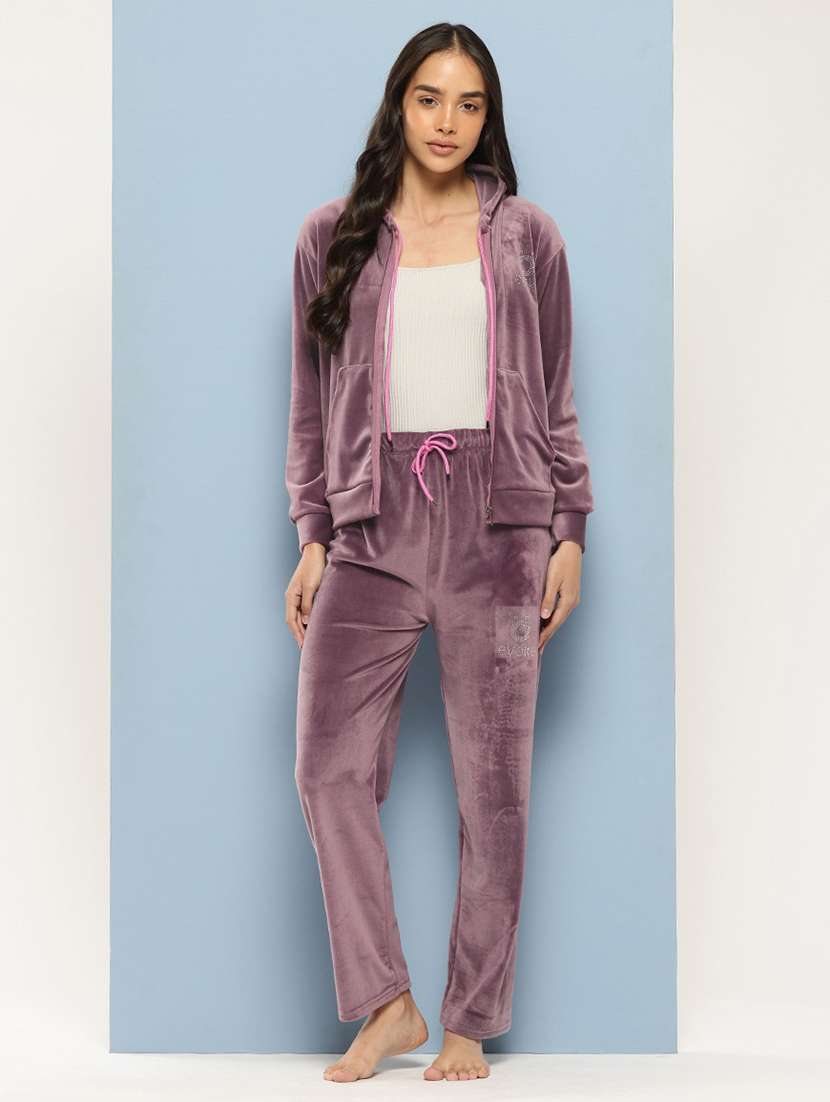 women solid long sleeve hooded velvet co-ord set - 22225146 -  Zoom Image - 0