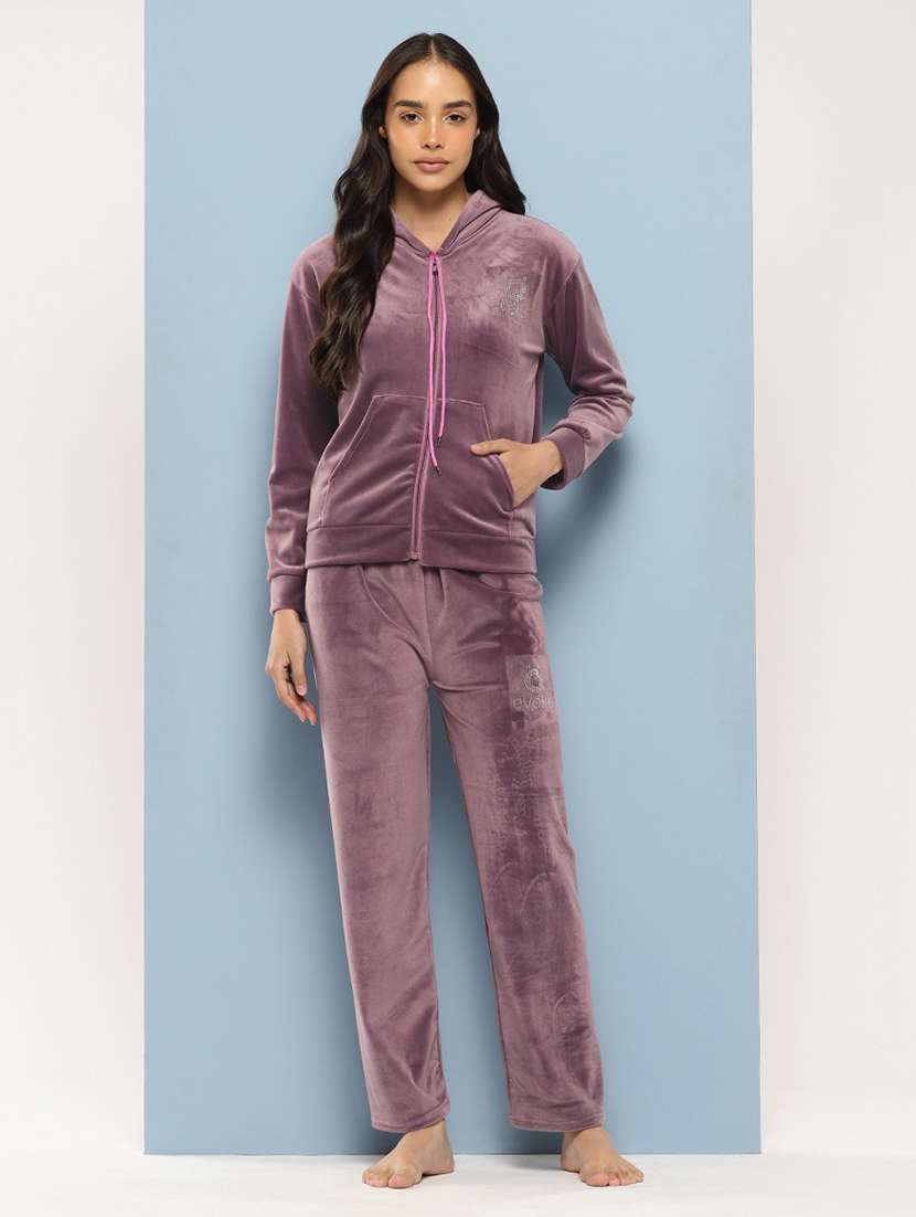 women solid long sleeve hooded velvet co-ord set - 22225146 -  Standard Image - 3