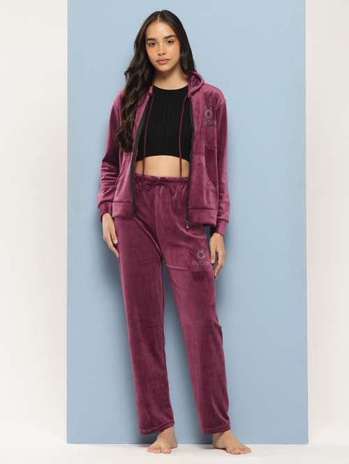 women solid long sleeve hooded velvet co-ord set - 22225147 -  Standard Image - 0