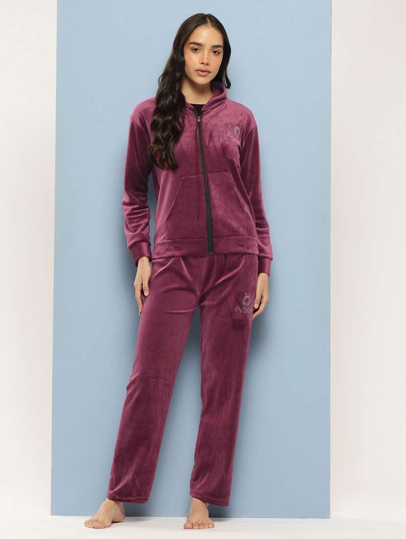 women solid long sleeve hooded velvet co-ord set - 22225147 -  Standard Image - 3