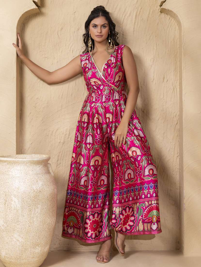 women printed sleeveless flared jumpsuit