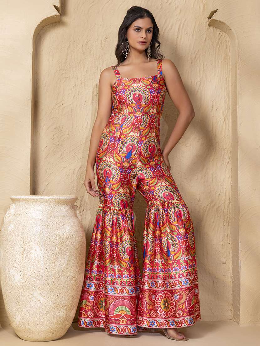 women printed shoulder strap flared jumpsuit - 22225153 -  Zoom Image - 0