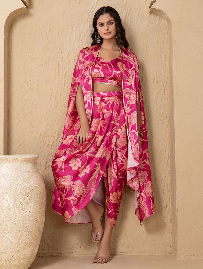 women printed top and dhoti with shrug co-ord set