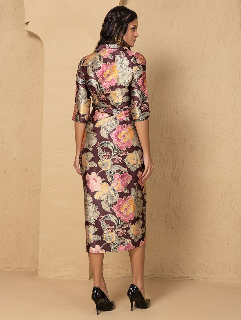women floral printed lapel collar asymmteric dress - 22225175 -  Standard Image - 3