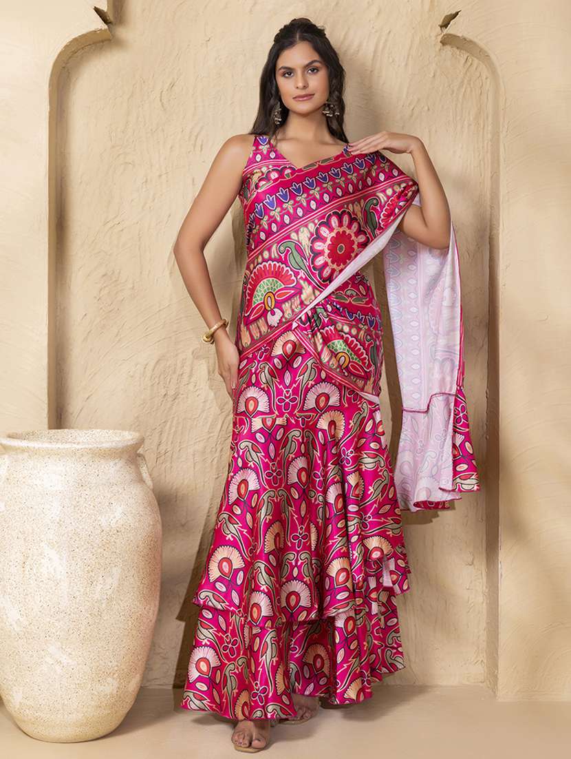 women floral printed pre-drape saree