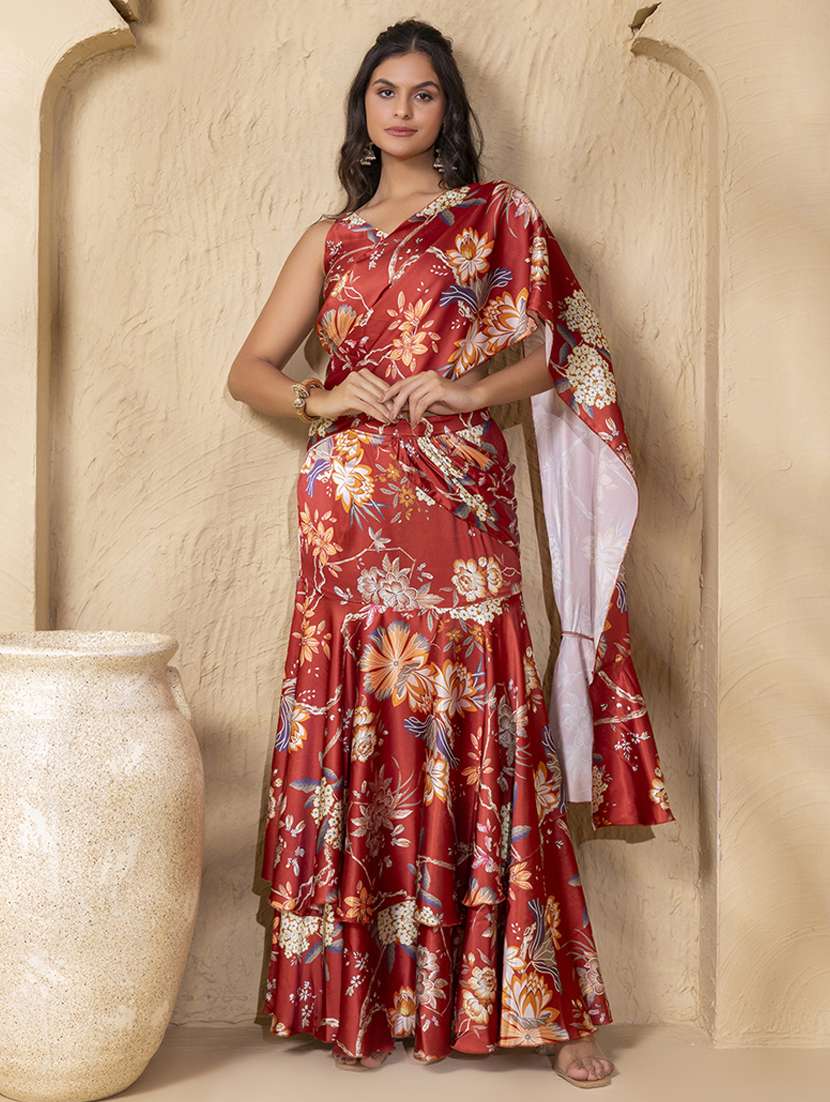 women floral printed pre-drape saree