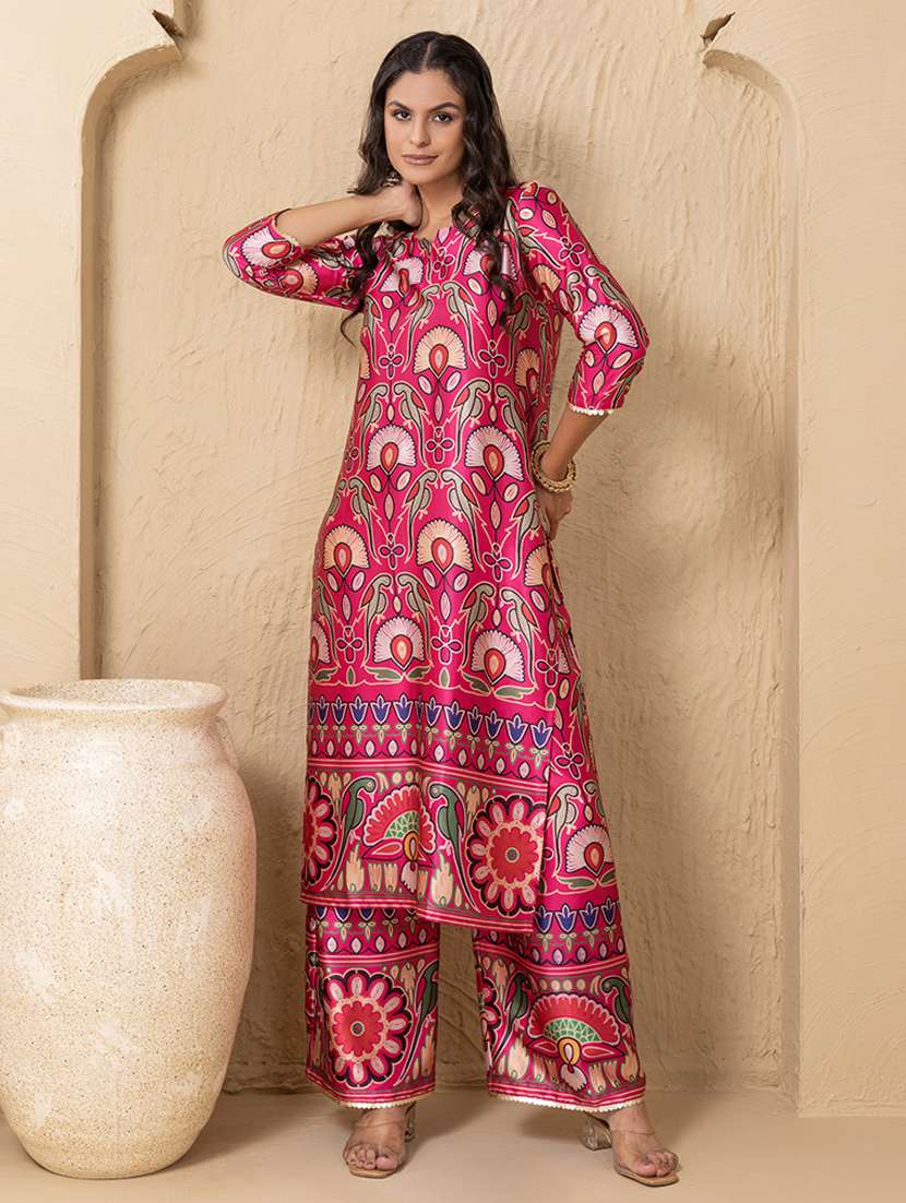 women printed three quarter sleeve ethnic co-ord set