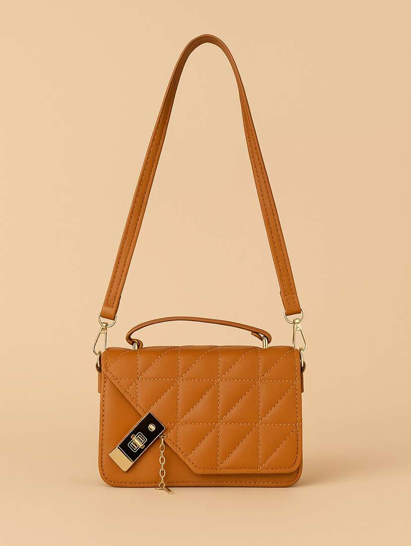 women quilted flap sling bag with twist lock - 22225225 -  Standard Image - 3