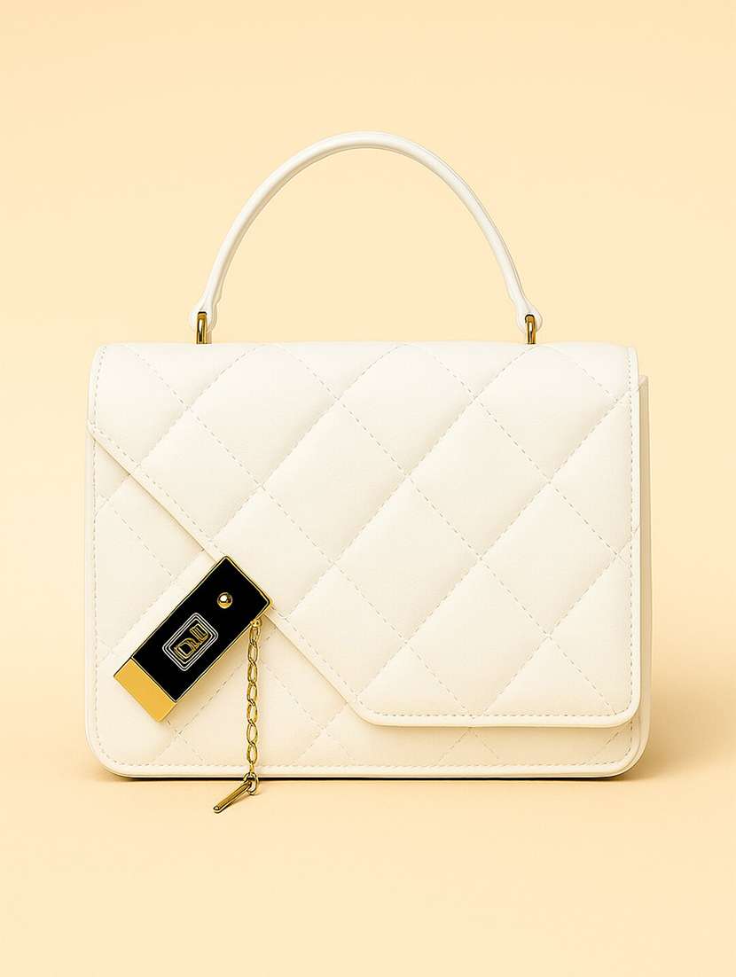 white quilted sling bag with twist clasp