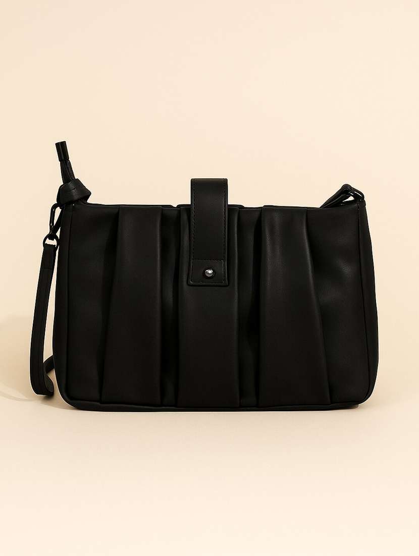 black pu sling bag with chain detail - 22225234 -  Standard Image - 3