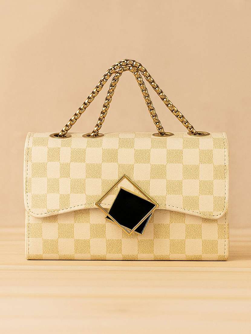 beige checks sling bag with chain straps