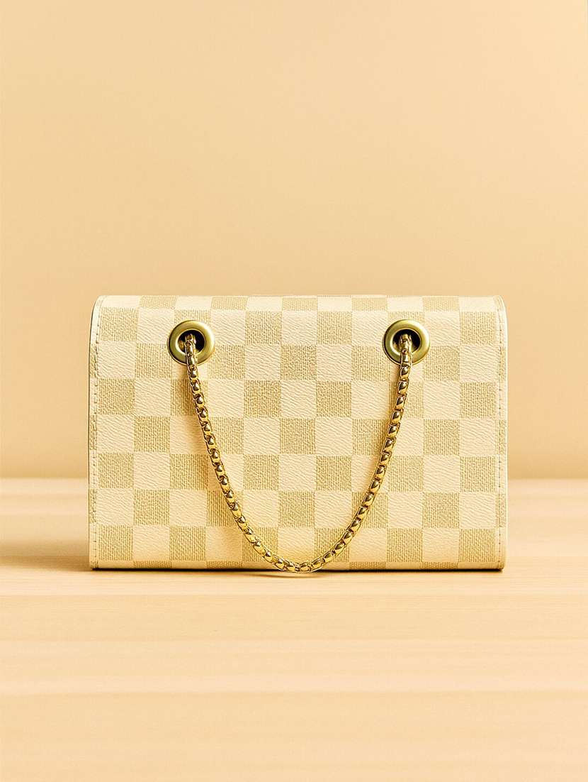 beige checks sling bag with chain straps - 22225241 -  Standard Image - 3
