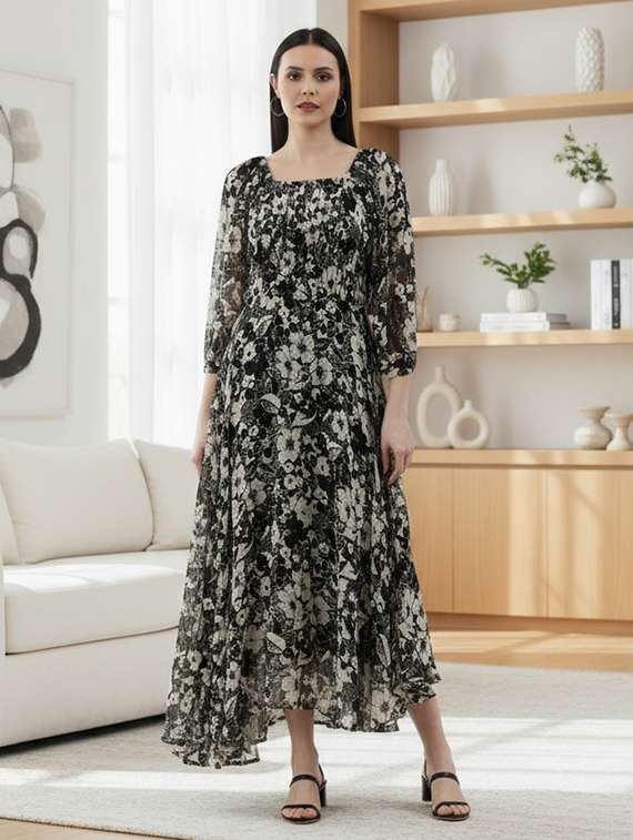 women printed puff sleeve fit & flare dress