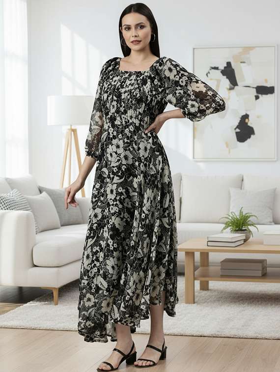 women printed puff sleeve fit & flare dress - 22225269 -  Standard Image - 3