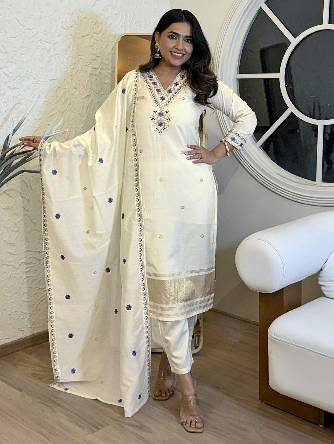 women self design three quarter sleeve kurta pant with dupatta set