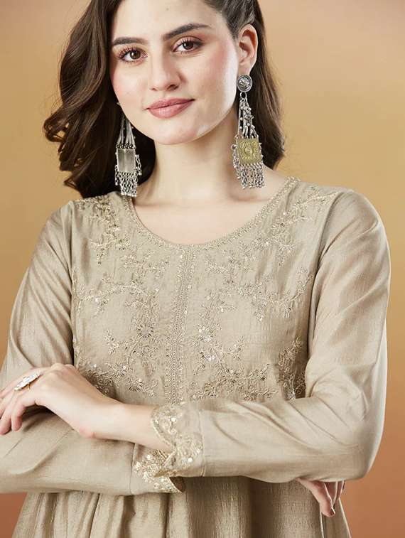 women solid with work long sleeve kurta pant with dupatta set - 22225272 -  Standard Image - 5