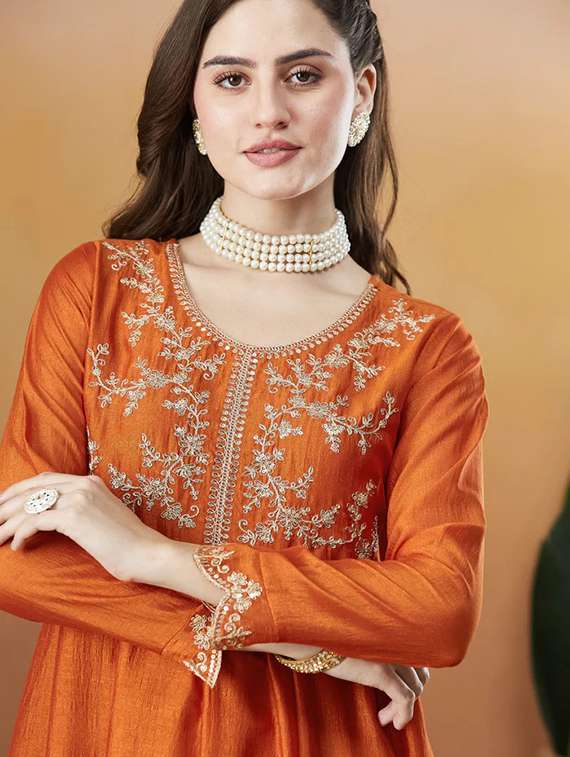 women solid with work long sleeve kurta pant with dupatta set - 22225274 -  Standard Image - 5