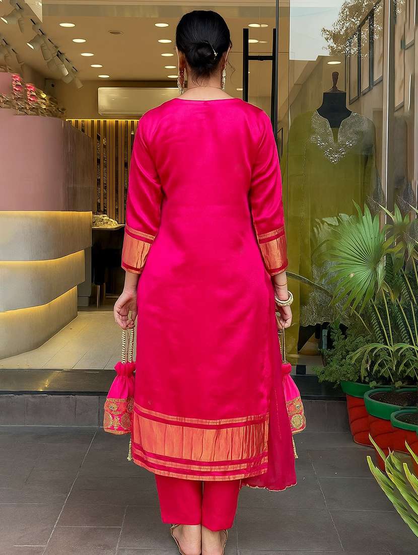 women solid with work three quarter sleeve kurta pant with dupatta set - 22225275 -  Standard Image - 3