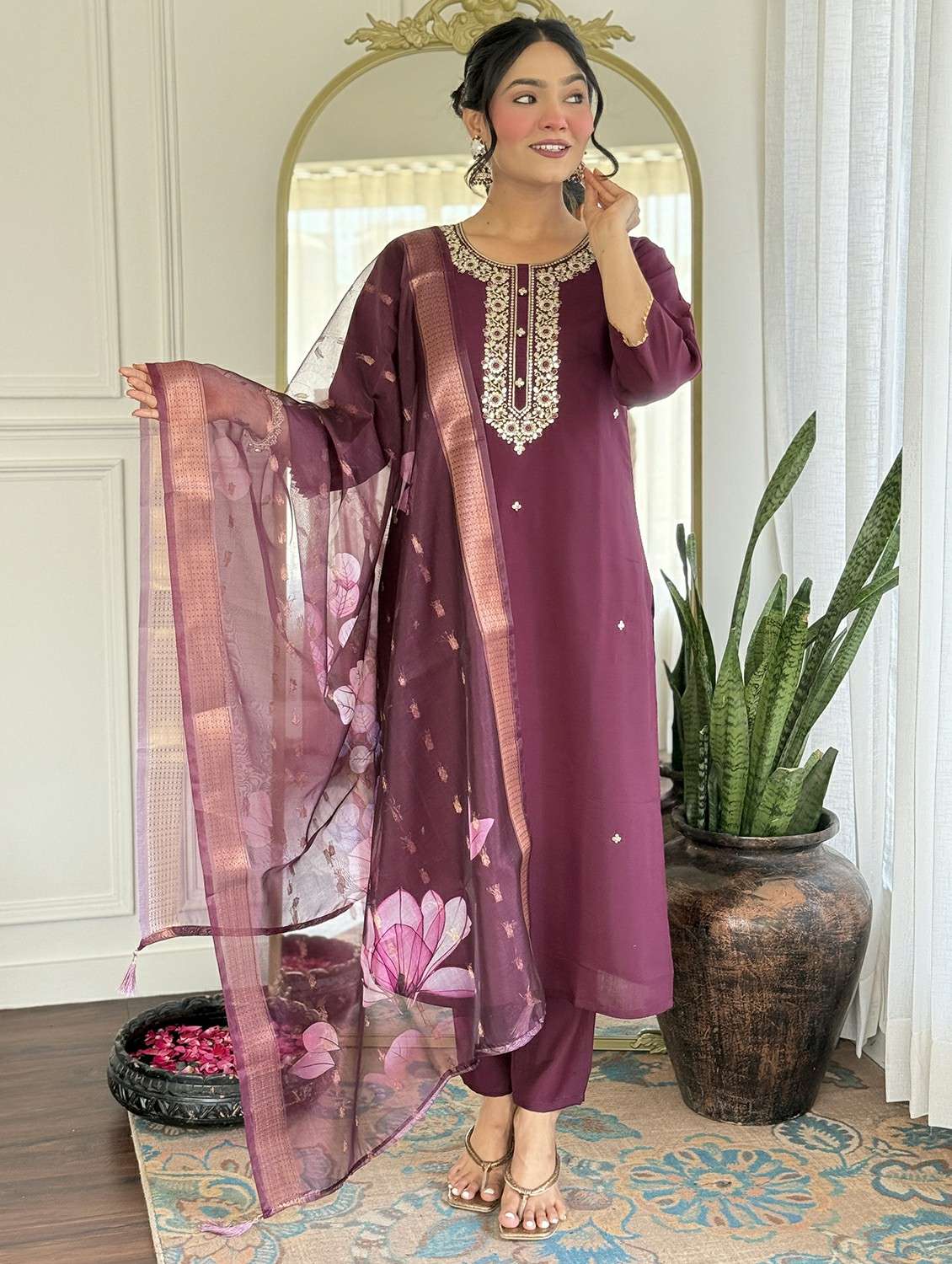 women solid with work three quarter sleeve kurta pant with dupatta set