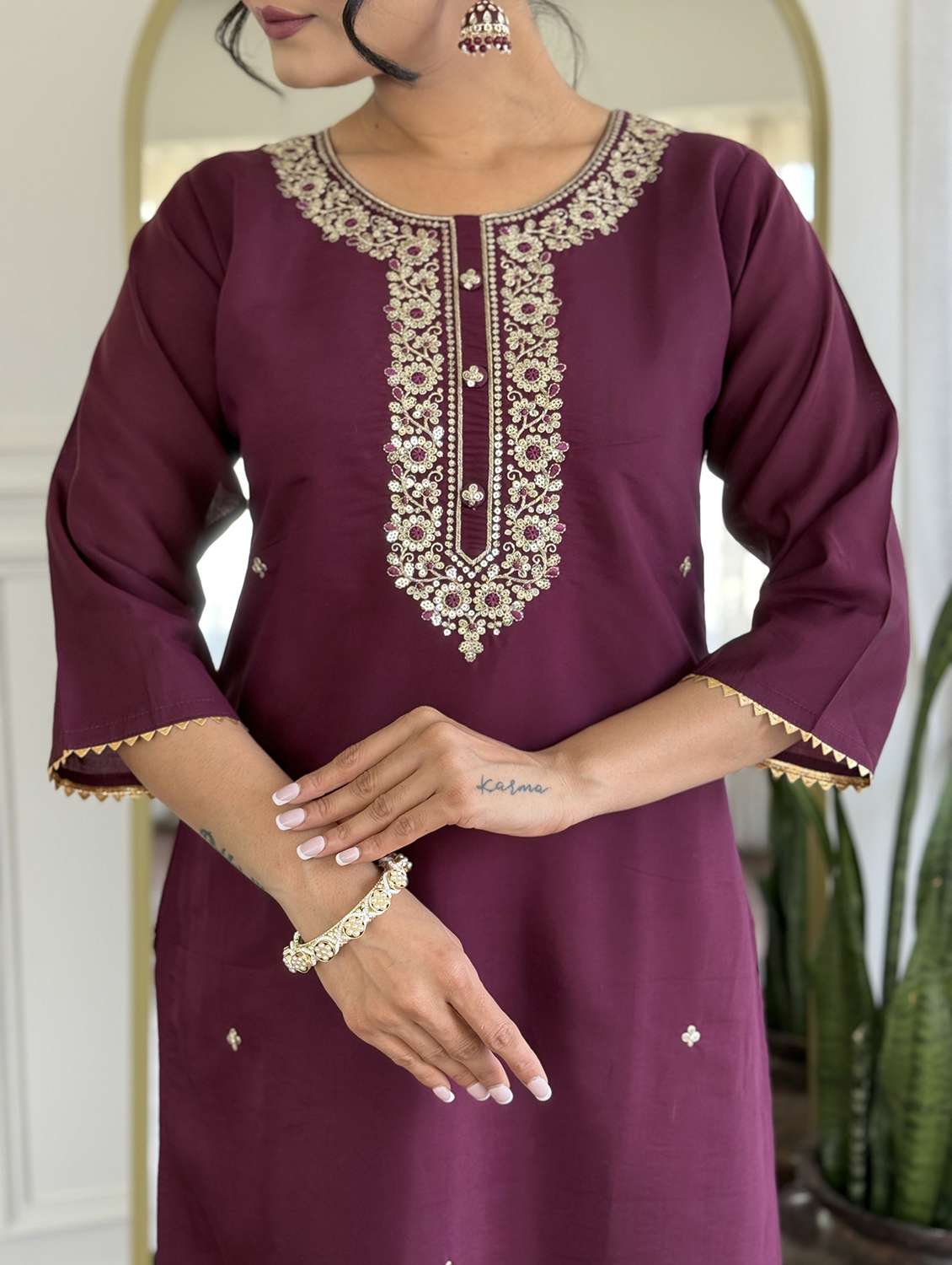 women solid with work three quarter sleeve kurta pant with dupatta set - 22225299 -  Standard Image - 3